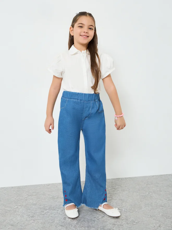 Styli Girls Light Blue Embroidered Flare Jeans