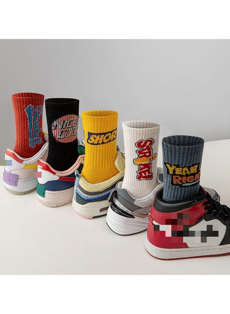 Tide Socks,unisex socks, men's and women's mid-rise socks, spring and autumn new Korean alphabet trend socks, 5 packs - Image 2