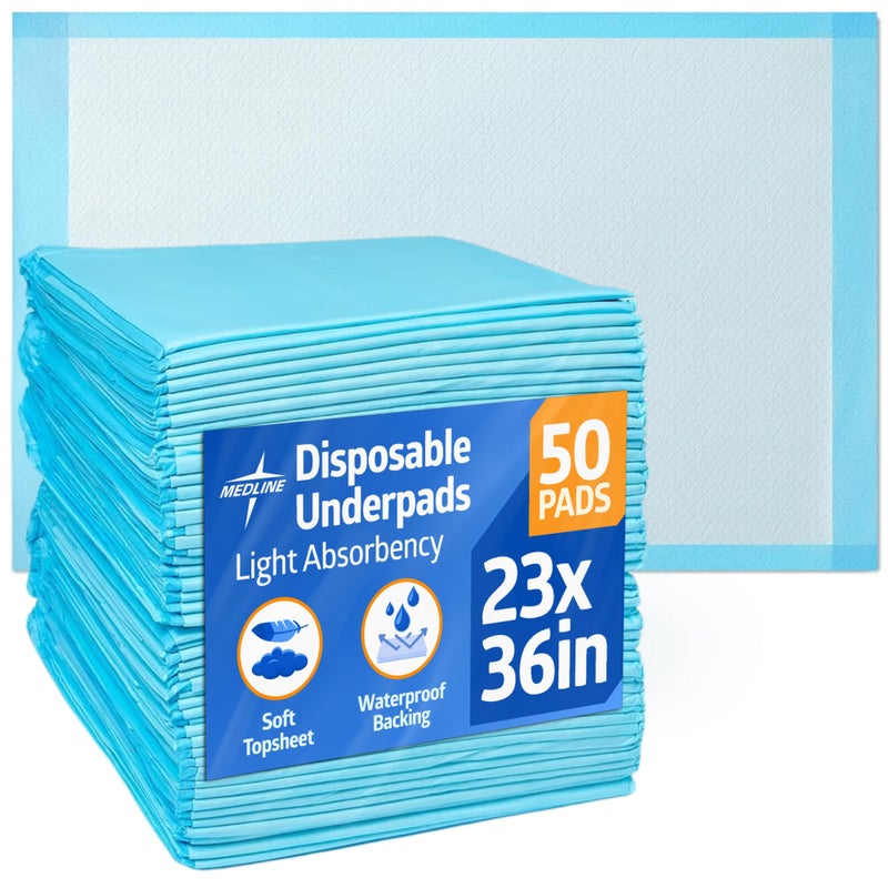 Medline Light Absorbency Underpad, 23" x 36", 50 Count, Disposable Bed, Furniture & Surface Protection, For Kids, Adults, Elderly, Puppy Pad, Changing Pad, Incontinence Pee Pad, Chucks - Image 1