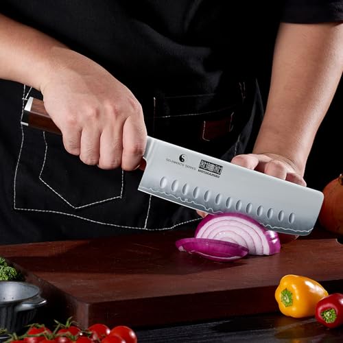 HOSHANHO Nakiri Knife 7 Inch, Hand Forged Japanese High-corbon Steel Chef Knife, Multipurpose Meat and Vegetable Kitchen Knife with Red Sandal Wooden Handle & Gift Box - Image 2