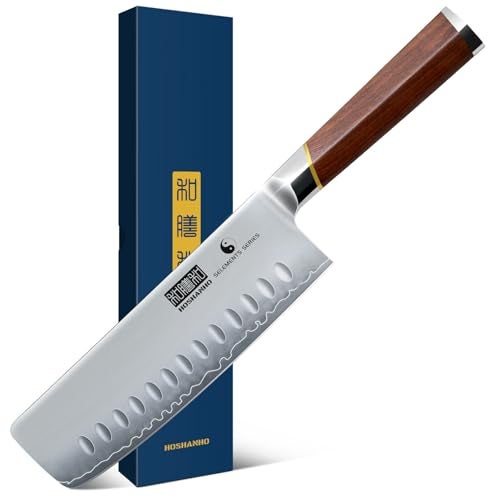 HOSHANHO Nakiri Knife 7 Inch, Hand Forged Japanese High-corbon Steel Chef Knife, Multipurpose Meat and Vegetable Kitchen Knife with Red Sandal Wooden Handle & Gift Box - Image 1