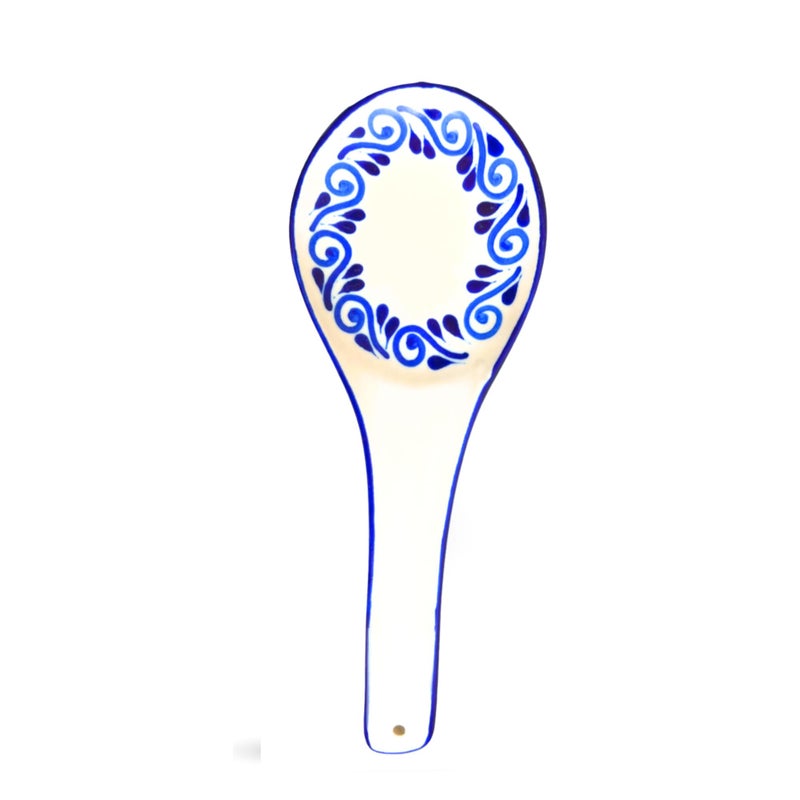 Casa Fiesta Designs White Spoon Rest Hand Painted Ceramic Talavera Kitchen Utensil Holder for Counter Stove Top Made in Mexico Ladle Rest Dishwasher Safe Mexican Style Porta Cucharas White Flores Circulares