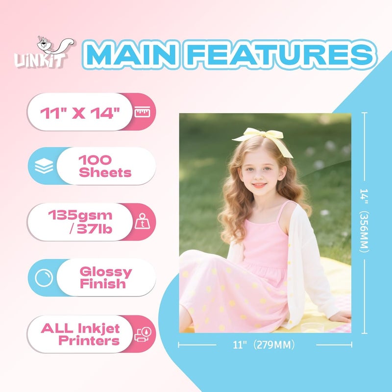 Uinkit 37lb Thin Flyer Paper Glossy 11x14 Inkjet 100 Sheets Single Side DIY Chip Bag 135gsm Photos Picture for Inkjet Printer with Dye Ink Brochure (11X14X100) - Image 2