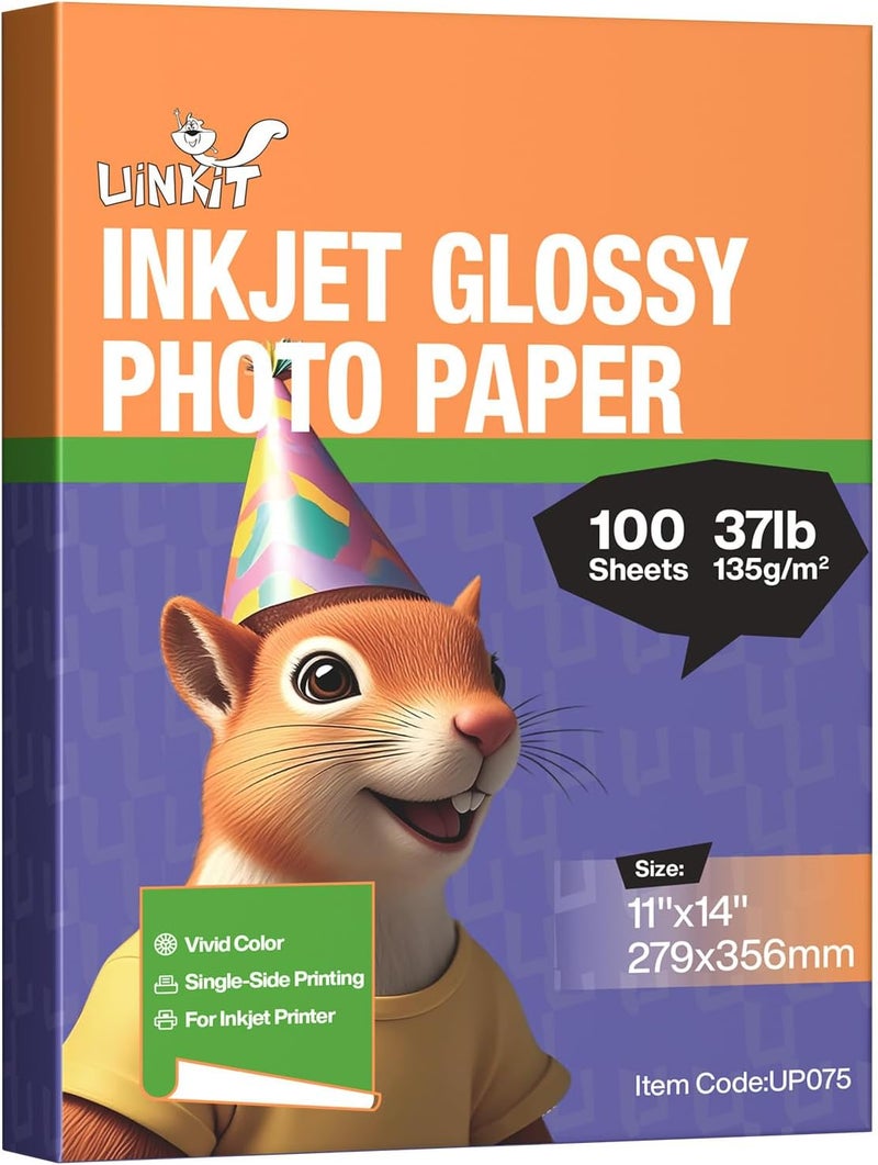 Uinkit 37lb Thin Flyer Paper Glossy 11x14 Inkjet 100 Sheets Single Side DIY Chip Bag 135gsm Photos Picture for Inkjet Printer with Dye Ink Brochure (11X14X100) - Image 1