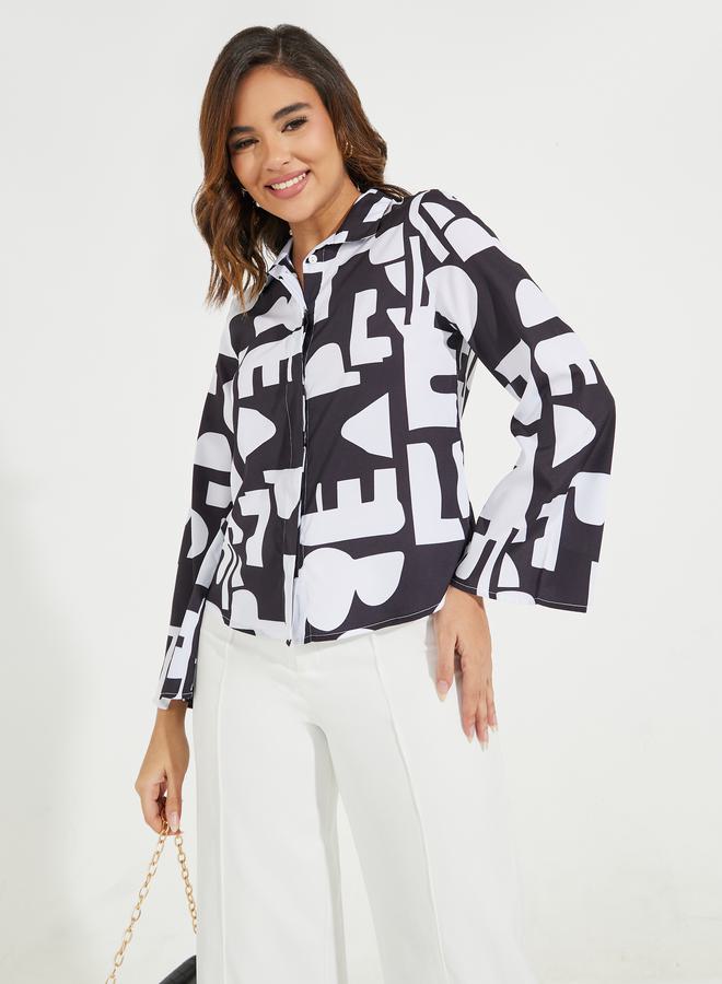 Styli Abstract Print Buttoned Shirt with Flared Sleeves  - Image 1