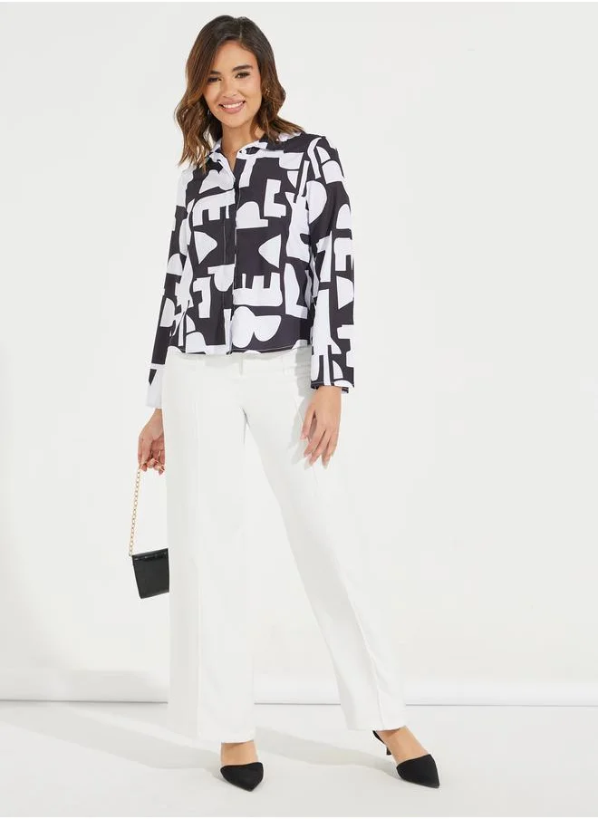 Styli Abstract Print Buttoned Shirt with Flared Sleeves