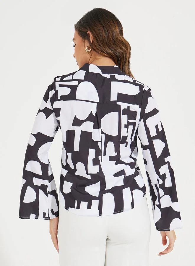 Styli Abstract Print Buttoned Shirt with Flared Sleeves