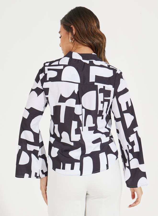 Styli Abstract Print Buttoned Shirt with Flared Sleeves  - Image 4