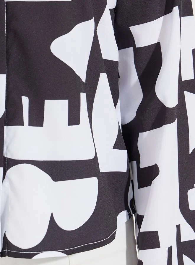 Styli Abstract Print Buttoned Shirt with Flared Sleeves