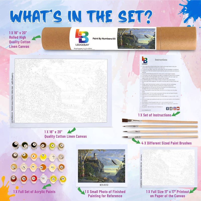 Ledgebay DIY Paint by Numbers Kit for Adults Unframed Canvas: Beginner to Advanced Paint by Numbers Kit Kits Include Acrylic Paint Set 4 Brushes & Tabletop Easel - (Guiding Light 16" x 20" Unframed) - Image 3