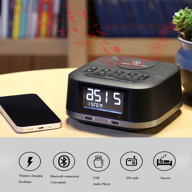 DOLPHY ساعة منبه راديو دولفي مع منبه مزدوج ومكبر صوت بلوتوث وشاحن سريع ومنفذ USB لشحن أي جهاز USB وشحن لاسلكي ومؤقت نوم وشاشة LCD قابلة للتعتيم لغرف النوم باللون الأسود - Image 2