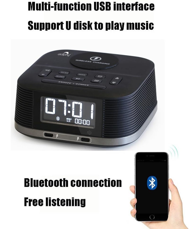 DOLPHY ساعة منبه راديو دولفي مع منبه مزدوج ومكبر صوت بلوتوث وشاحن سريع ومنفذ USB لشحن أي جهاز USB وشحن لاسلكي ومؤقت نوم وشاشة LCD قابلة للتعتيم لغرف النوم باللون الأسود - Image 4