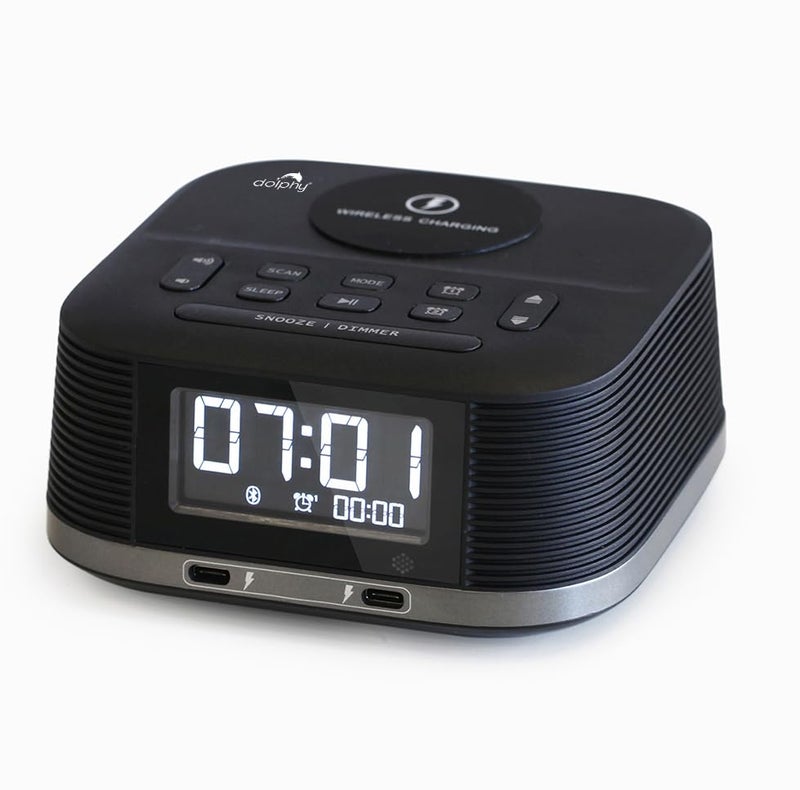 DOLPHY ساعة منبه راديو دولفي مع منبه مزدوج ومكبر صوت بلوتوث وشاحن سريع ومنفذ USB لشحن أي جهاز USB وشحن لاسلكي ومؤقت نوم وشاشة LCD قابلة للتعتيم لغرف النوم باللون الأسود - Image 1