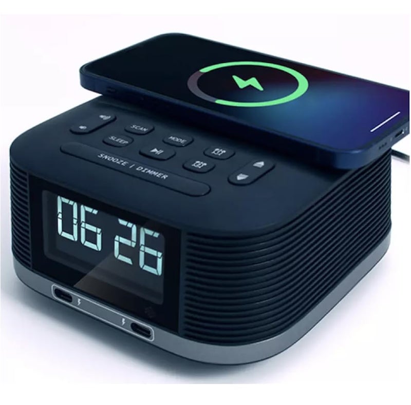 DOLPHY ساعة منبه راديو دولفي مع منبه مزدوج ومكبر صوت بلوتوث وشاحن سريع ومنفذ USB لشحن أي جهاز USB وشحن لاسلكي ومؤقت نوم وشاشة LCD قابلة للتعتيم لغرف النوم باللون الأسود - Image 3