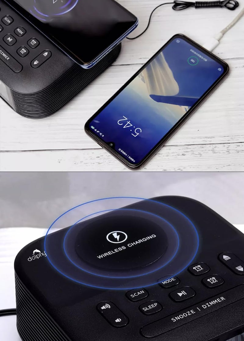 DOLPHY ساعة منبه راديو دولفي مع منبه مزدوج ومكبر صوت بلوتوث وشاحن سريع ومنفذ USB لشحن أي جهاز USB وشحن لاسلكي ومؤقت نوم وشاشة LCD قابلة للتعتيم لغرف النوم باللون الأسود - Image 5