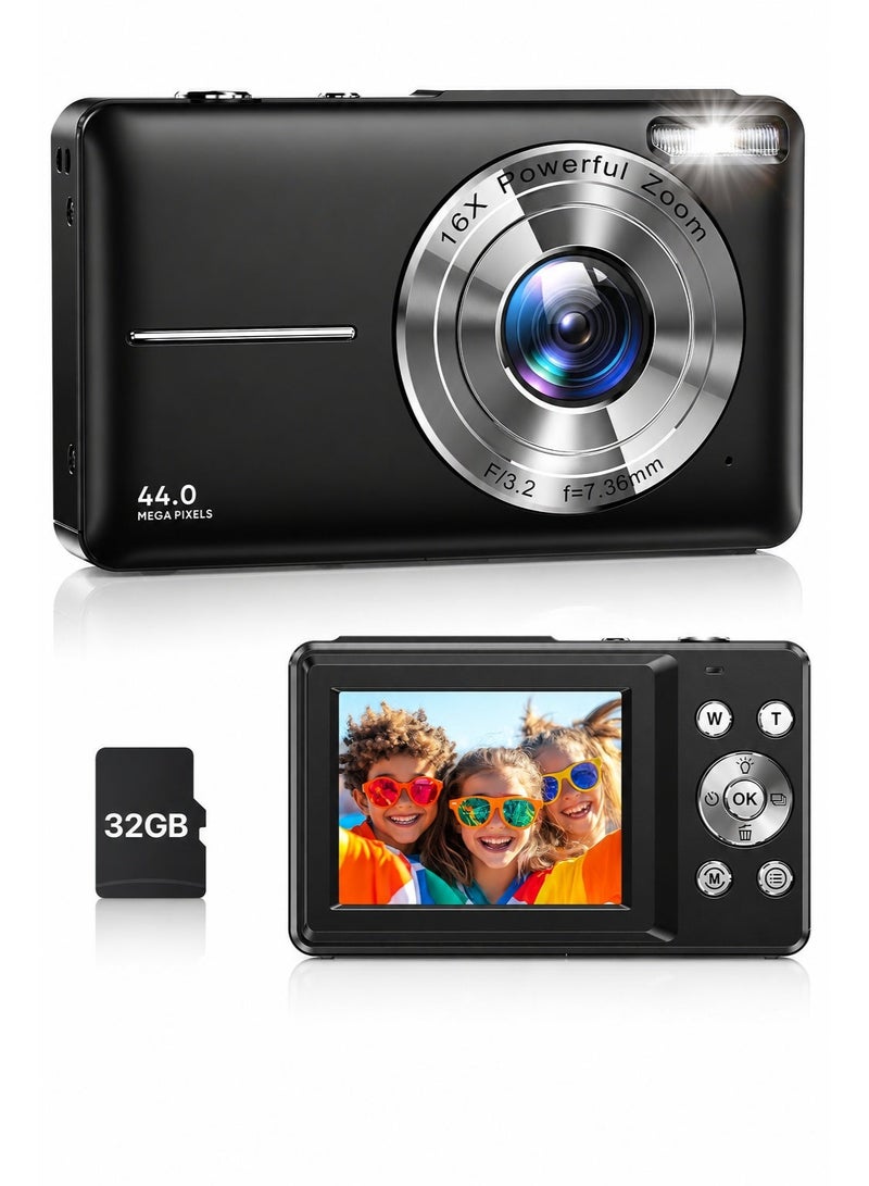 Yatao Digital Camera 44MP FHD 1080P Kids Camera, Point and Shoot Camera with 32GB SD Card, 16X Zoom, Lanyard, Black - Image 1