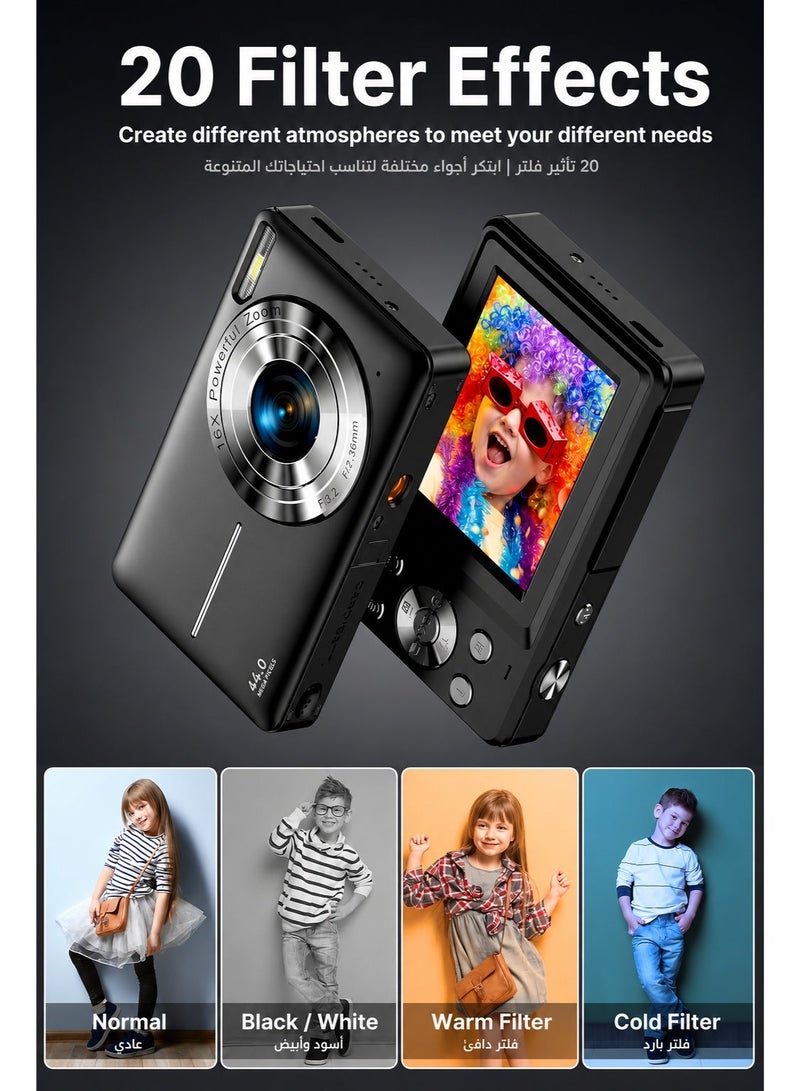Yatao Digital Camera 44MP FHD 1080P Kids Camera, Point and Shoot Camera with 32GB SD Card, 16X Zoom, Lanyard, Black - Image 4