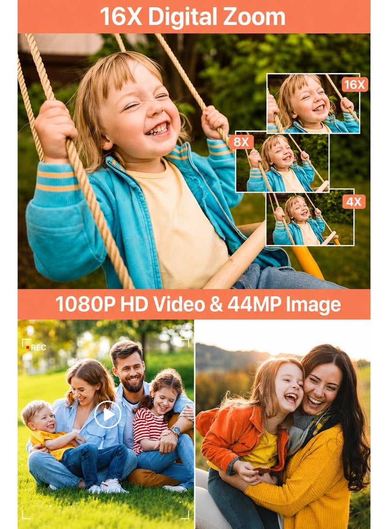 Yatao Digital Camera 44MP FHD 1080P Kids Camera, Point and Shoot Camera with 32GB SD Card, 16X Zoom, Lanyard, Black - Image 5