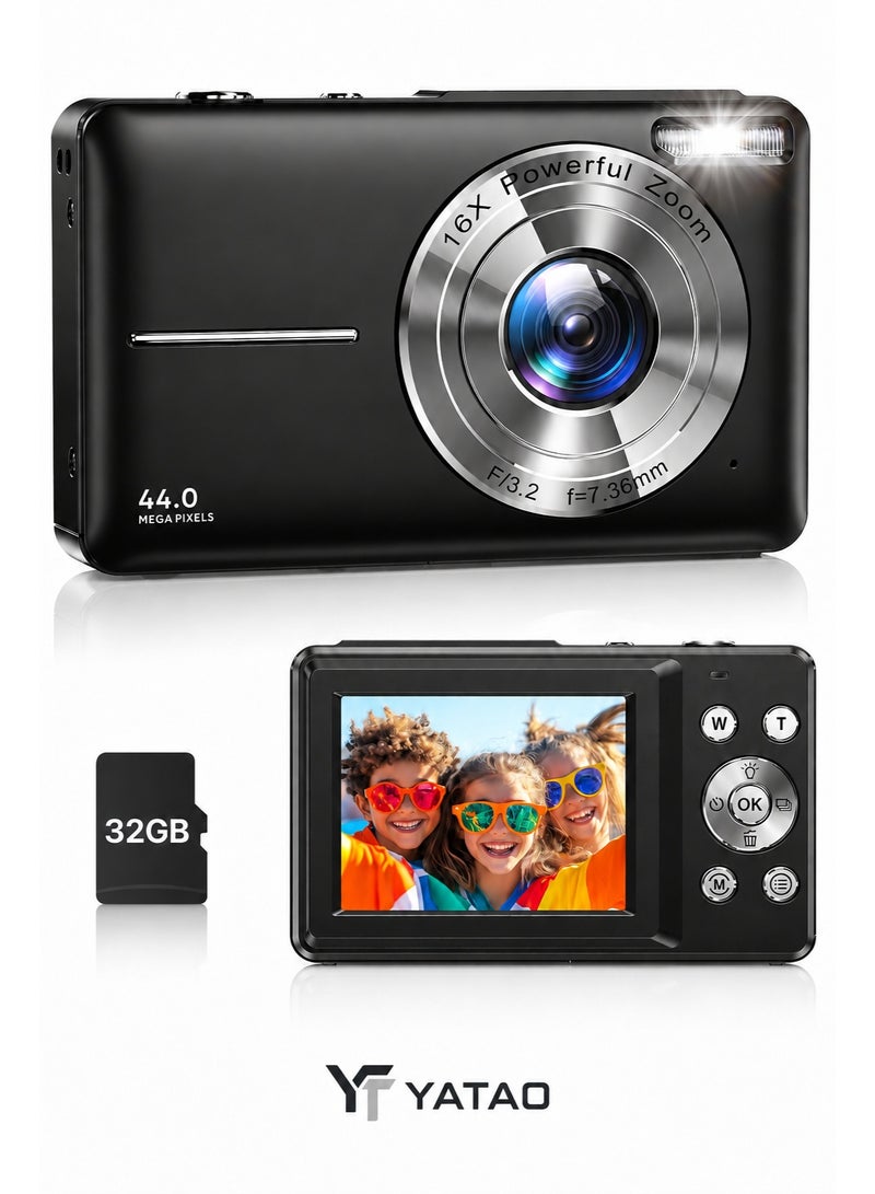 Yatao Digital Camera 44MP FHD 1080P Kids Camera, Point and Shoot Camera with 32GB SD Card, 16X Zoom, Lanyard, Black - Image 1
