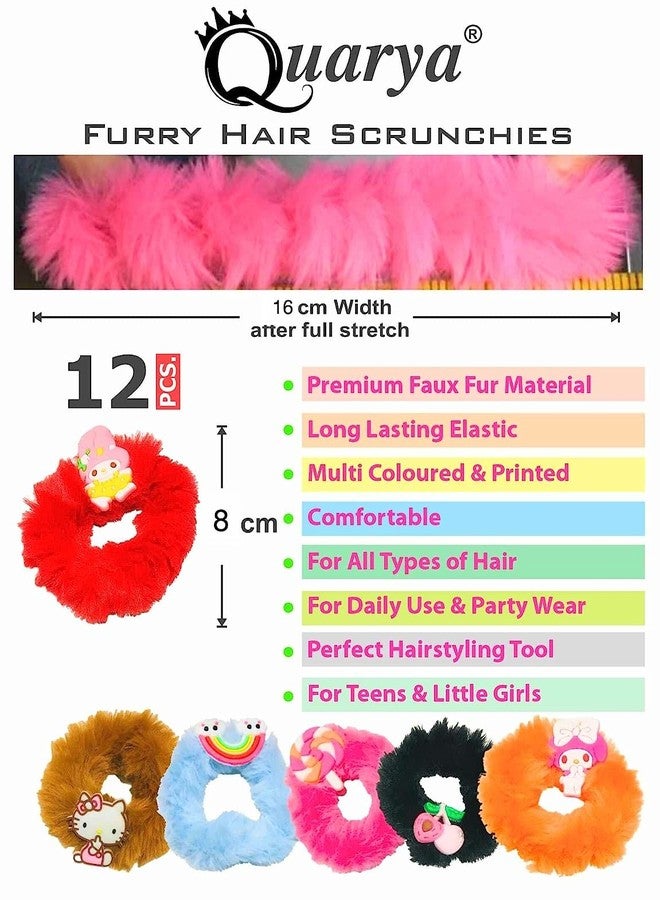 Quarya Kids Scrunchies Fancy Faux Fur with Cartoon stickers Furry Fluffy Elastic Hair Bands Colorful Rubber Bands For Girls Hair Accessories - Pack of 12pcs - Image 3