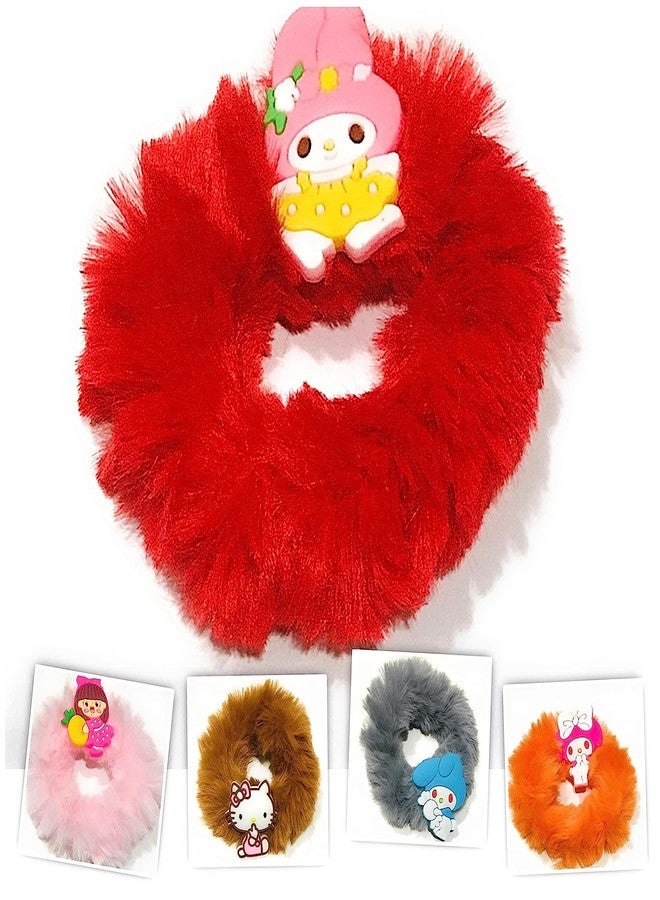 Quarya Kids Scrunchies Fancy Faux Fur with Cartoon stickers Furry Fluffy Elastic Hair Bands Colorful Rubber Bands For Girls Hair Accessories - Pack of 12pcs - Image 4