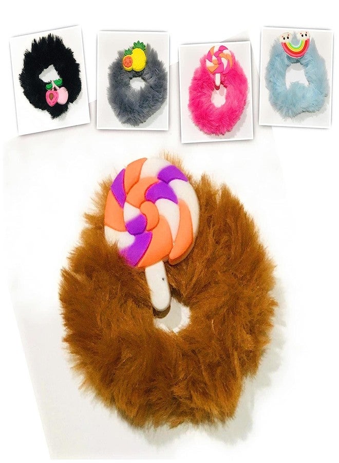 Quarya Kids Scrunchies Fancy Faux Fur with Cartoon stickers Furry Fluffy Elastic Hair Bands Colorful Rubber Bands For Girls Hair Accessories - Pack of 12pcs - Image 5
