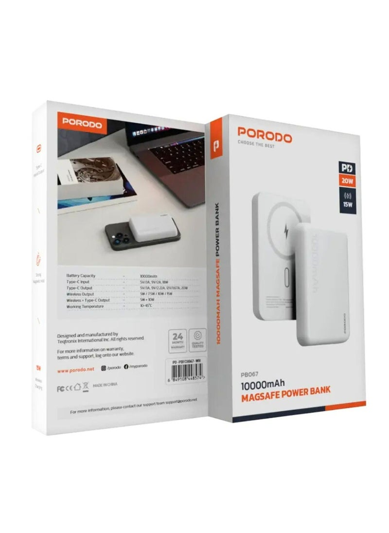 porodo - 10000mAh MagSafe Power Bank, Fast Charge, Portable & Compact Design, Type-C Input, Type-C & Wireless Outputs, 10° C-45° C Working Temperature, Strong Magnetic Hold, 20W Power Delivery - White - Image 1