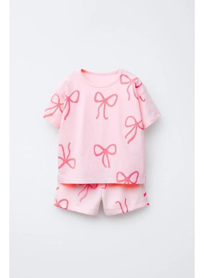 Magu Girls' Cotton Pink Bow-Patterned T-Shirt and Shorts Set