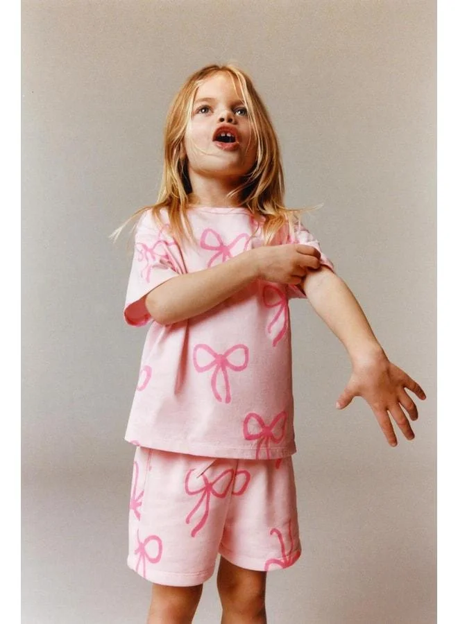 Magu Girls' Cotton Pink Bow-Patterned T-Shirt and Shorts Set