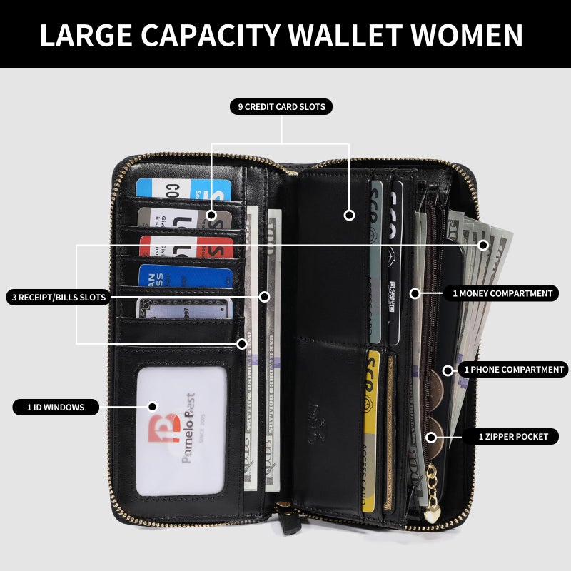 Pomelo Best Womens Wallet RFID Blocking Leather Multi Credit Card Zip Around Long Wallets Wristlet Large Capacity Travel for Ladies Black - Image 3