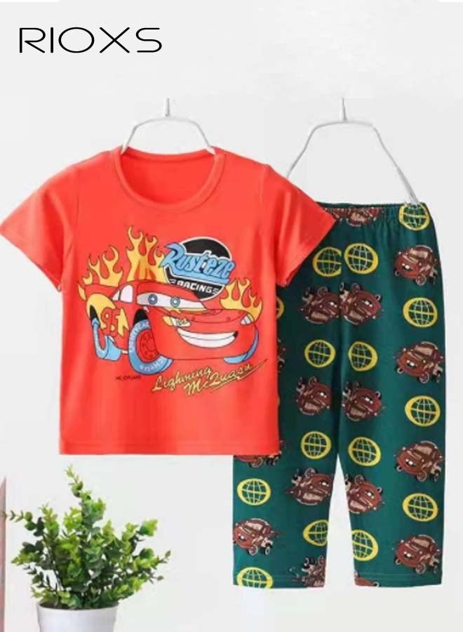 Boys 2 Piece Set, Toddler Baby Boys Top and Pant Sets, Boy's Short Sleeve Crew Neck T-Shirt and Long Pants Suits, Cotton Outfits Casual Playwear, Animal Print Clothing Sets for Little Kids/ Big Kids, Red Car