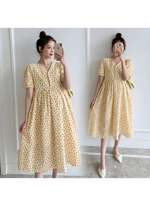 Maternity Floral V-Neck Nursing Dress 890 yellow [release can lactation]]