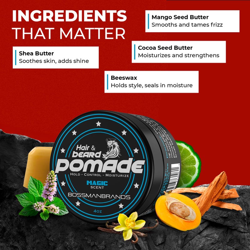 Bossman Hair & Beard Pomade for Men (Magic Scent) â€“ Medium Hold & Moisturizing for Hair, Beard & Mustache Styling â€“ Made in USA - Image 3