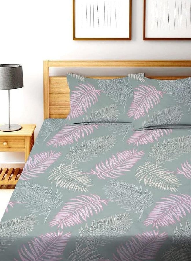SHOPICTED Premium Cotton Elastic Fitted Bedsheets with 2 Pillow Covers | Double Bed with All Around Elastic 220 TC Supersoft | Size - 72 King Sizex78+10 inches | Abstract, Green and Pink Feather - Image 2