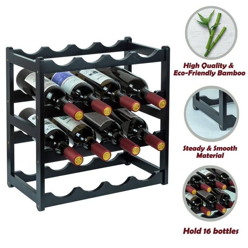 Homevany Bamboo Wine Rack, Sturdy and Durable Wine Storage Cabinet Shelf, Wine Racks Countertop for Pantry - 4 Tiers 16 Bottle Wine Rack Black - Image 5