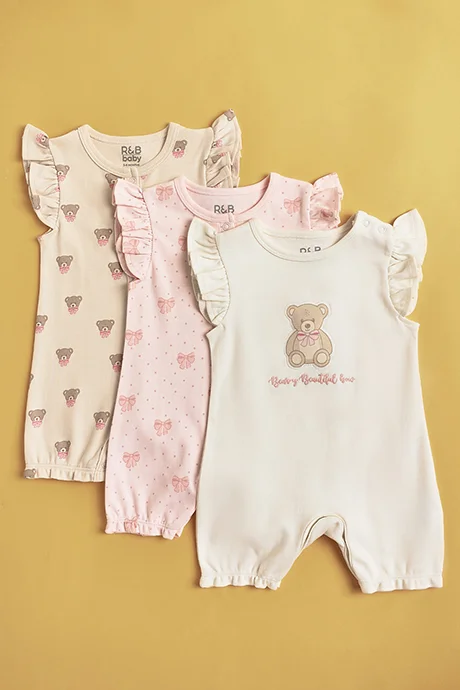 أر أند بي 3 Pack Embroidered Rompers with Crew Neck and Ruffle Sleeves