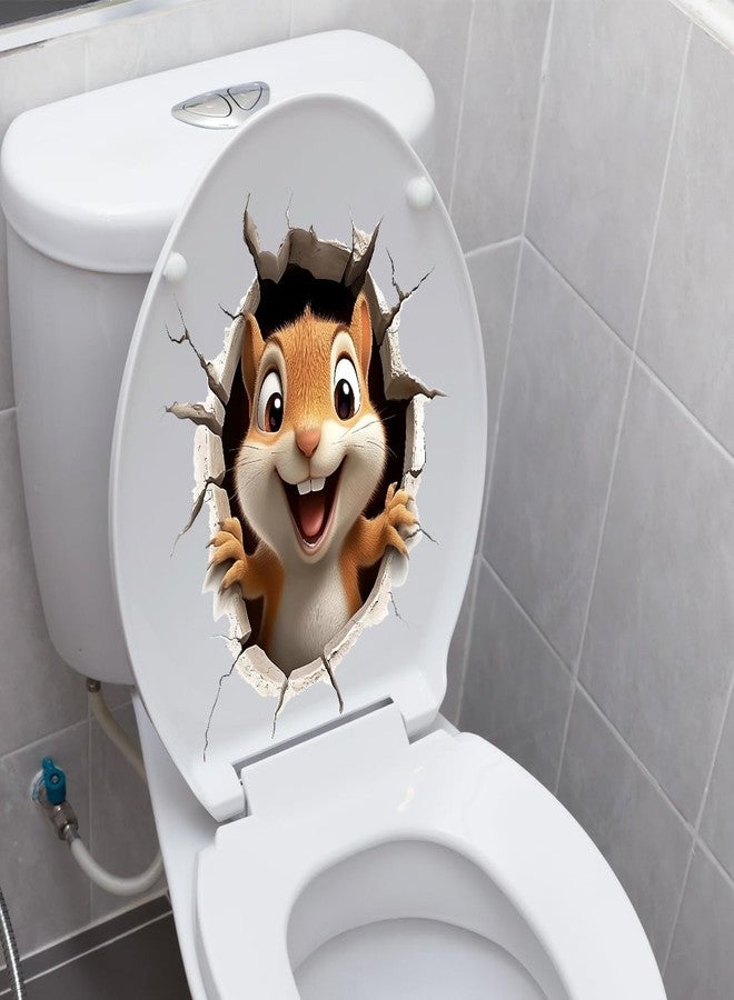 Iprokiu Cute Animal Toilet Sticker Waterproof 3D Funny Dog Cracking Toilet Seat Lid Decal Bathroom Wall Sticker Squirrel Toilet Lid Decal Home Decoration (Squirrel) - Image 1
