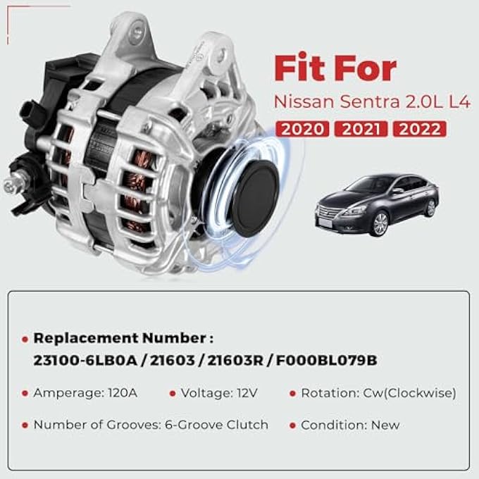 HPEVA Alternator 12V 120A Compatible with Nissan Sentra L4 2.0L 2020 2021 2022,Car Alternator Parts,Replaces 23100-6LB0A/21603/F000BL079B - Image 2