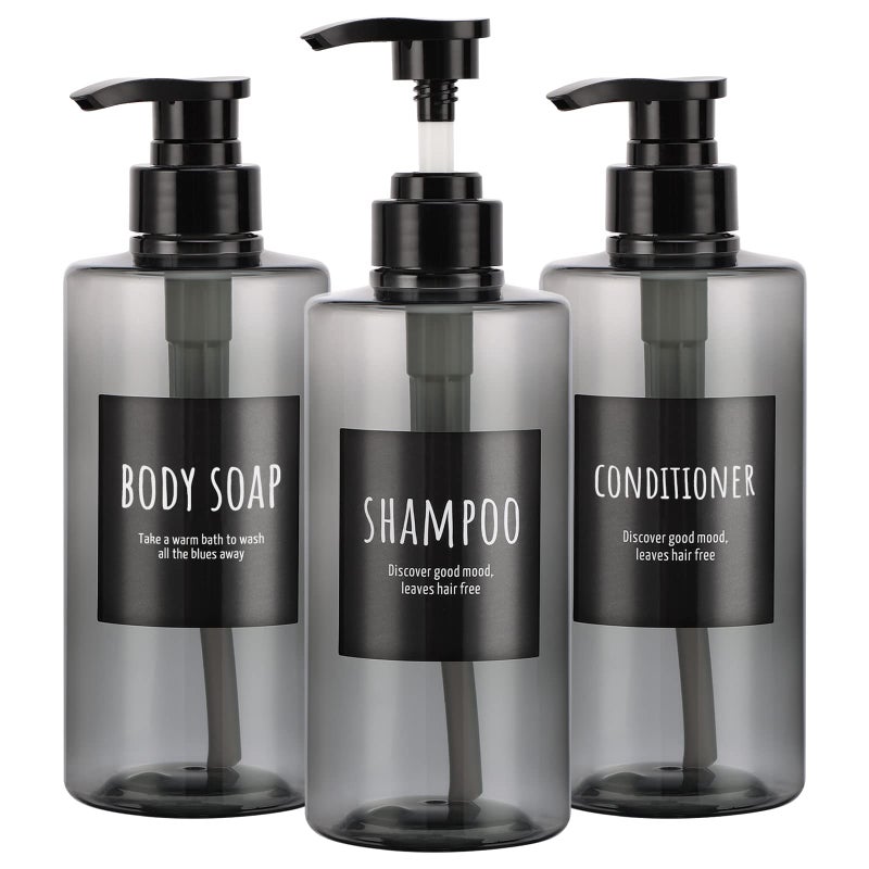 Segbeauty Refillable Shampoo Bottles Segbeauty 169oz Shampoo Dispenser 3pcs 500ml Empty Plastic Pump Bottle for Shower Labeled Grey Large PET Lotion Dispenser with Pump Body Soap Conditioner Hotel Bathroom
