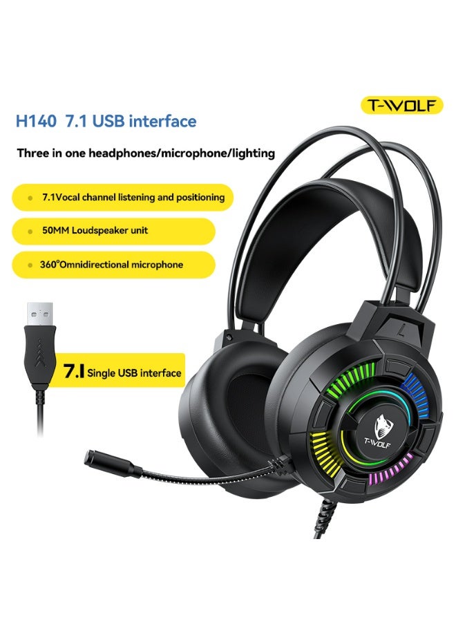 T-WOLF H140 wired earphones. 7.1 USB High Resolution Stereoscopic Sound Computer Gaming Earphones, Head Mounted Earphones with Intelligent Noise Reduction, High Sensitivity Microphone with Cool RGB Lighting Effects, Suitable for PC/PS4/PS5/XOne/XSeries/NSwitch Laptops Mac Desktop Computers - Image 1