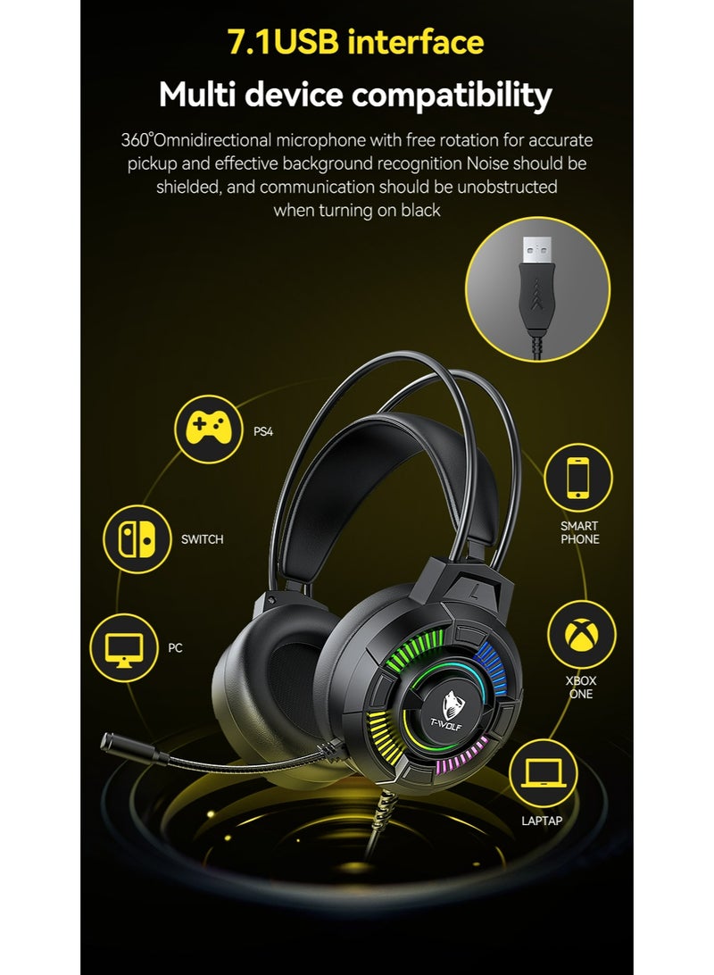 T-WOLF H140 wired earphones. 7.1 USB High Resolution Stereoscopic Sound Computer Gaming Earphones, Head Mounted Earphones with Intelligent Noise Reduction, High Sensitivity Microphone with Cool RGB Lighting Effects, Suitable for PC/PS4/PS5/XOne/XSeries/NSwitch Laptops Mac Desktop Computers - Image 3