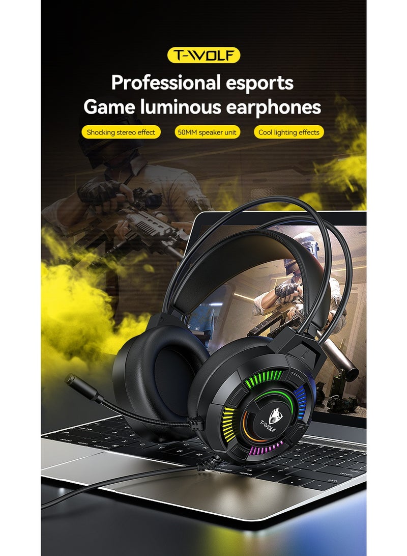 T-WOLF H140 wired earphones. 7.1 USB High Resolution Stereoscopic Sound Computer Gaming Earphones, Head Mounted Earphones with Intelligent Noise Reduction, High Sensitivity Microphone with Cool RGB Lighting Effects, Suitable for PC/PS4/PS5/XOne/XSeries/NSwitch Laptops Mac Desktop Computers - Image 2