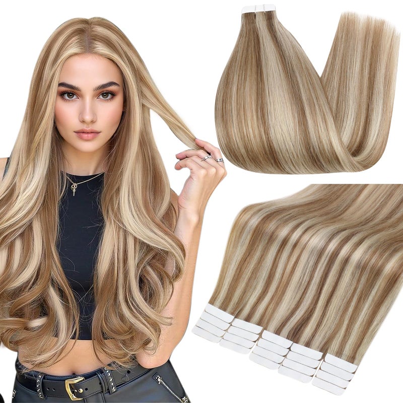 Full Shine Human Hair Tape in Extensions Color 10 Highlights 613 Bleach Blonde Real Human Hair 14 Inch Seamless Skin Weft Tape ins Straight Human Hair Extensions 20Pieces 50Grams Tape in Extensions