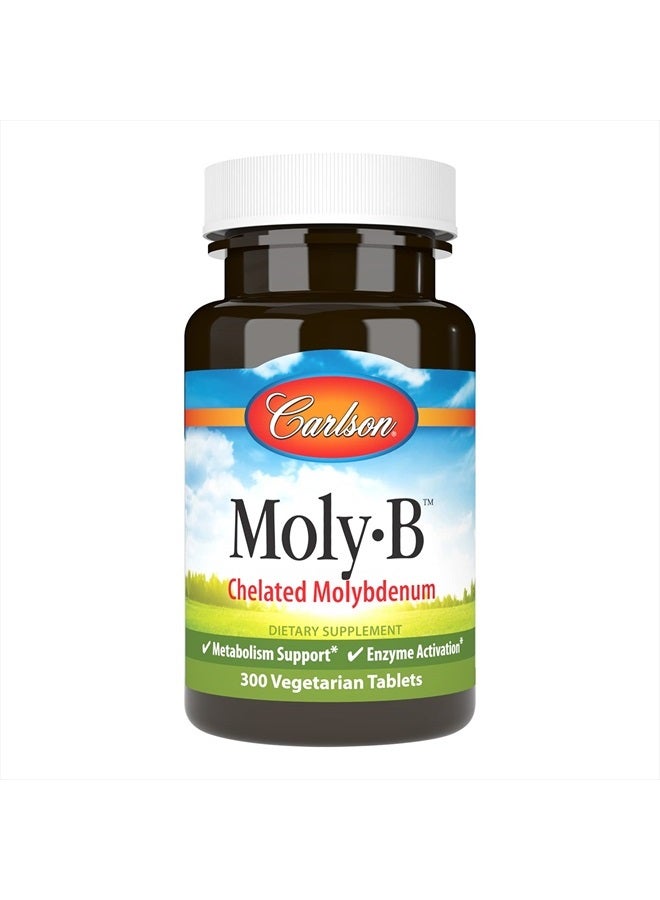 Carlson Moly-B, Chelated Molybdenum Supplements, Metabolism Support & Enzyme Activation, Molybdenum Glycinate Chelate, 300 Vegetarian Tablets - Image 1