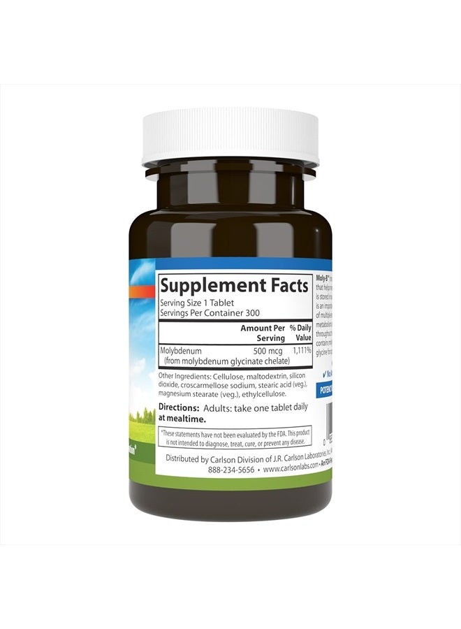 Carlson Moly-B, Chelated Molybdenum Supplements, Metabolism Support & Enzyme Activation, Molybdenum Glycinate Chelate, 300 Vegetarian Tablets - Image 2