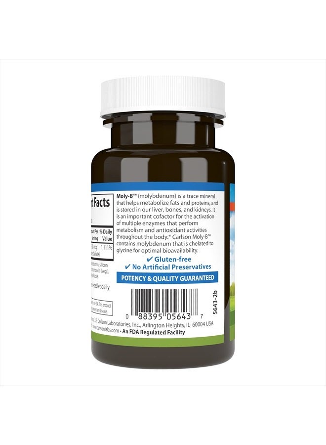 Carlson Moly-B, Chelated Molybdenum Supplements, Metabolism Support & Enzyme Activation, Molybdenum Glycinate Chelate, 300 Vegetarian Tablets - Image 3