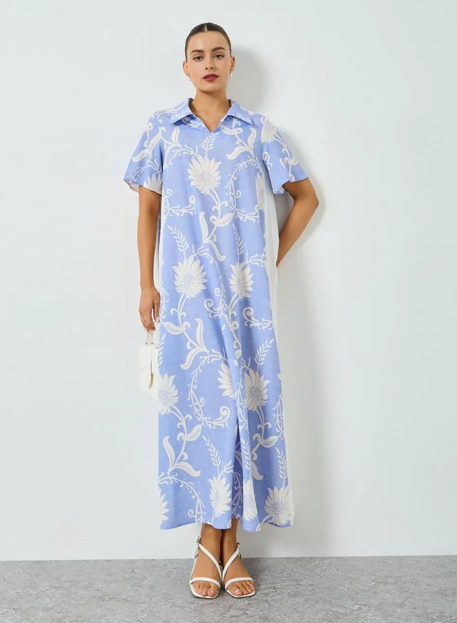 تايك تو جلابية زرقاء مطبوعة أكمام قصيرة