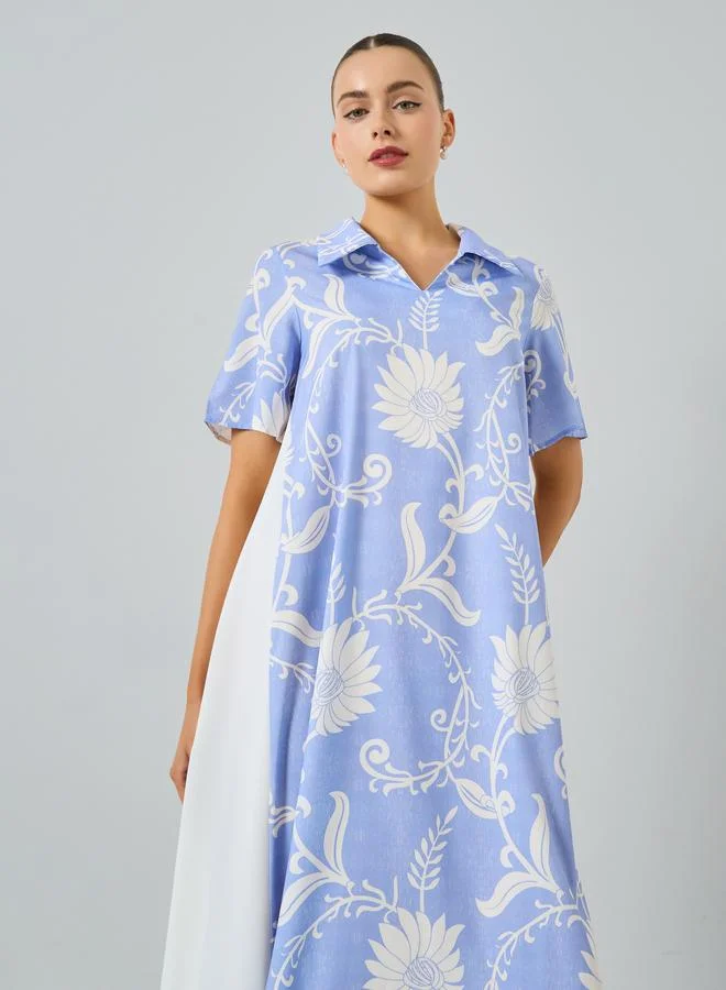 تايك تو جلابية زرقاء مطبوعة أكمام قصيرة