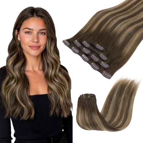 Goo-Goo GOO GOO Clip in Hair Extensions Real Human Hair Remy Human Hair Extensions Clip ins for Women Natural Human Hair 14inch 60g 4Pcs 4274 Balayage Chocolate Brown to Caramel Blonde - Image 1