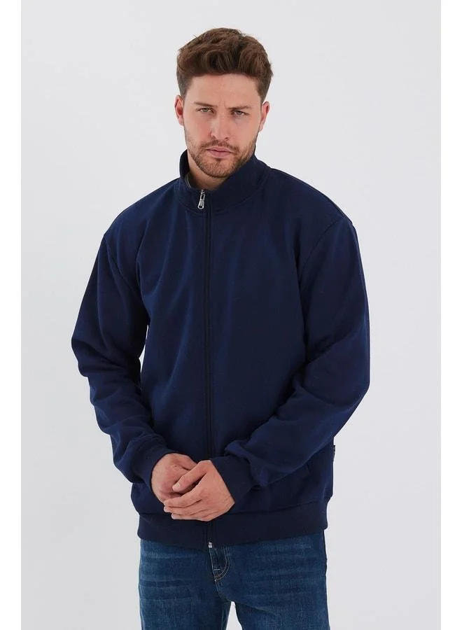 Mmetalic Men's Navy Zip-Front Stand Collar Cardigan with Side Pockets and Cotton Lining.